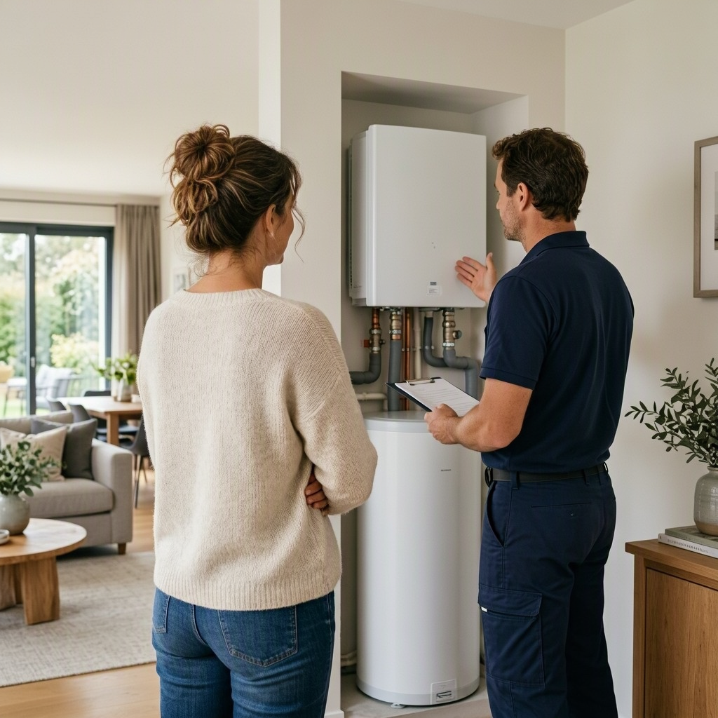 Une femme écoute un technicien devant un chauffe-eau dans un intérieur lumineux
