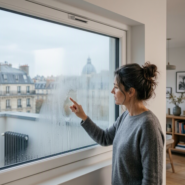 Une femme touche la condensation sur l’une des fenêtres de son appartement, face aux immeubles voisins