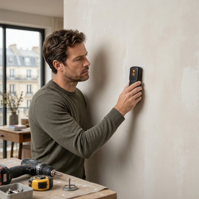Un homme examine un mur avec un détecteur, tandis qu’une perceuse et des outils sont posés devant lui