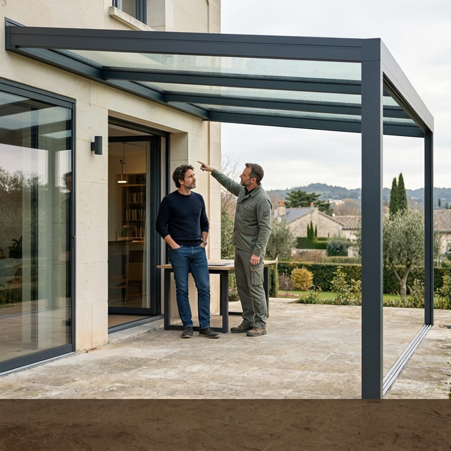 Deux hommes discutent sous une pergola vitrée attenante à une maison, devant un jardin