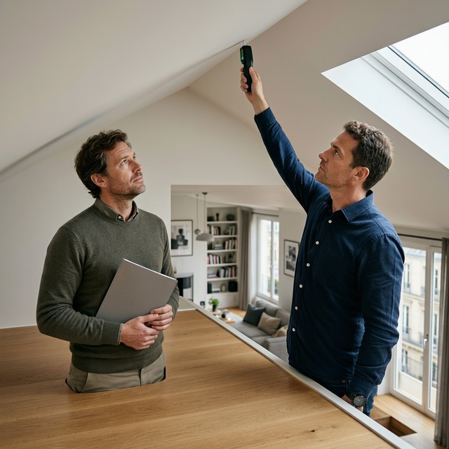 Deux hommes évaluent la surface d’une mezzanine, l’un tenant un appareil, l’autre un dossier