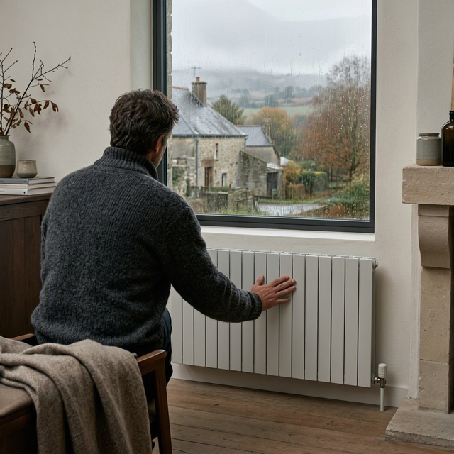 Un homme assis pose une main sur un radiateur sous une fenêtre donnant sur des maisons et des arbres