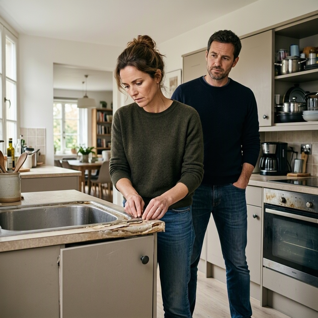 Deux acheteurs observent un plan de travail abîmé dans une cuisine, près d’un évier