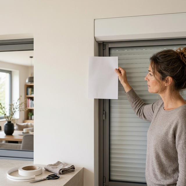 Une femme tient une feuille de papier devant un volet roulant pour repérer une fuite d'air au niveau du coffre