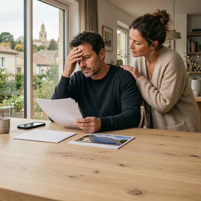 Un homme lit des documents sur des panneaux solaires à son domicile, soutenu par une femme