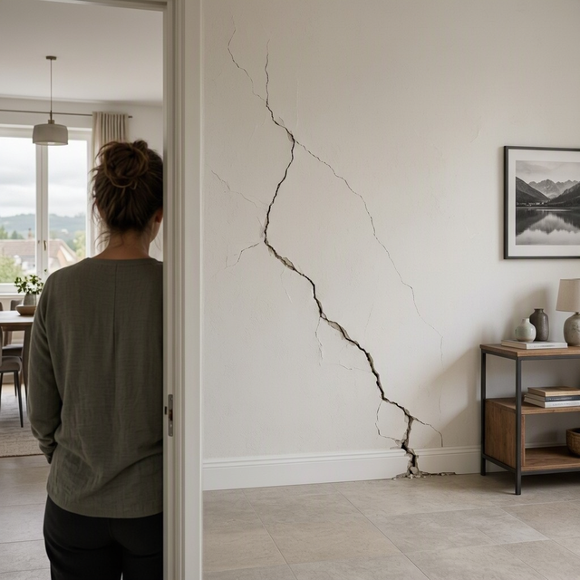 Une femme de dos observe une grande fissure qui traverse le mur blanc d’un intérieur