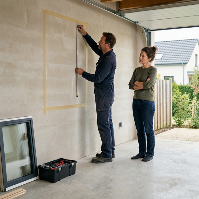 Dans un garage, un homme mesure un mur, une femme observe près d’une fenêtre et de la maison voisine