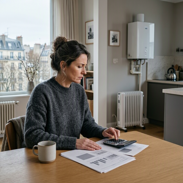Une femme utilise une calculatrice à une table, près d’une chaudière et d’un radiateur électrique