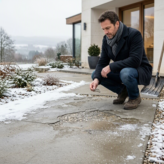 Un homme examine du béton fissuré enneigé devant une maison, avec du sel de déneigement au sol