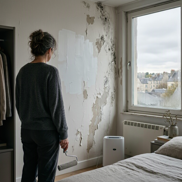 Une femme tient un rouleau face à un mur très abîmé dans une chambre, près d’une fenêtre