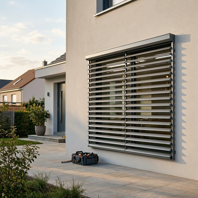 Un brise-soleil orientable couvre une fenêtre en façade, près d’une caisse à outils sur la terrasse
