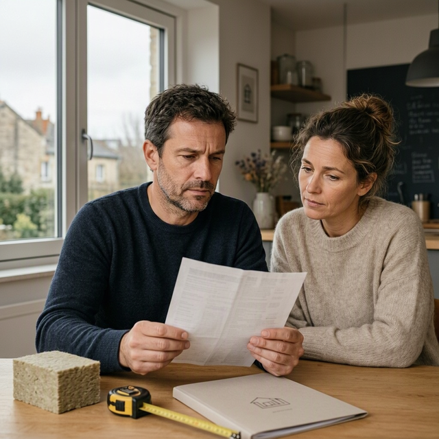 Un couple examine une facture à table, près d’un mètre ruban et d’un bloc isolant
