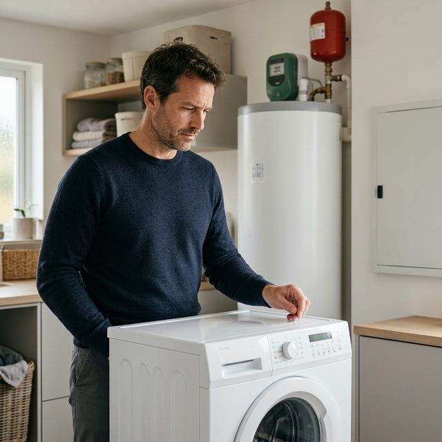 Un homme se tient devant un lave-linge, près d’un compteur Linky